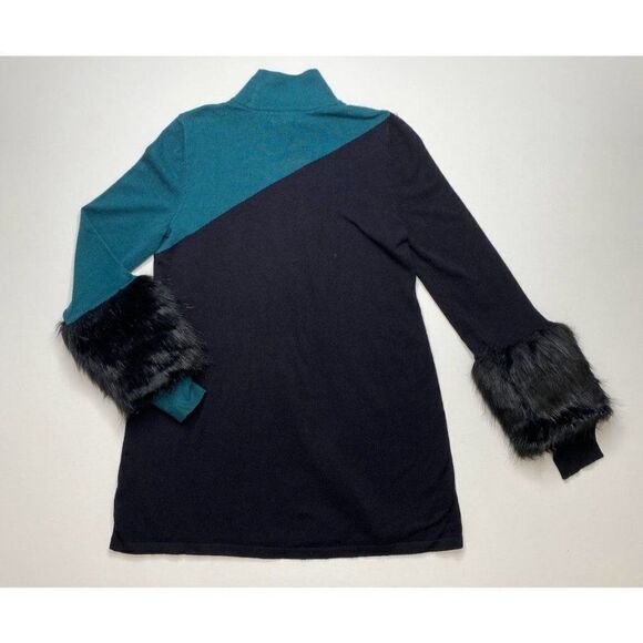 Alfani‎ Turtleneck Sweater Top Small Black Teal Women's Faux-Fur Cuffs NEW - Picture 2 of 6